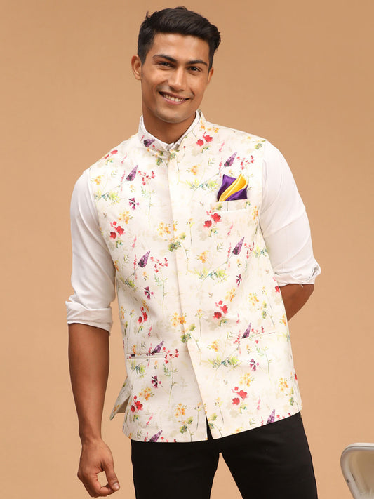 Men's Cream Cotton Blend Straight Nehru Jacket
