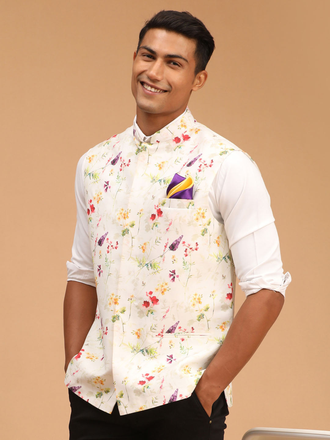 Men's Cream Cotton Blend Straight Nehru Jacket