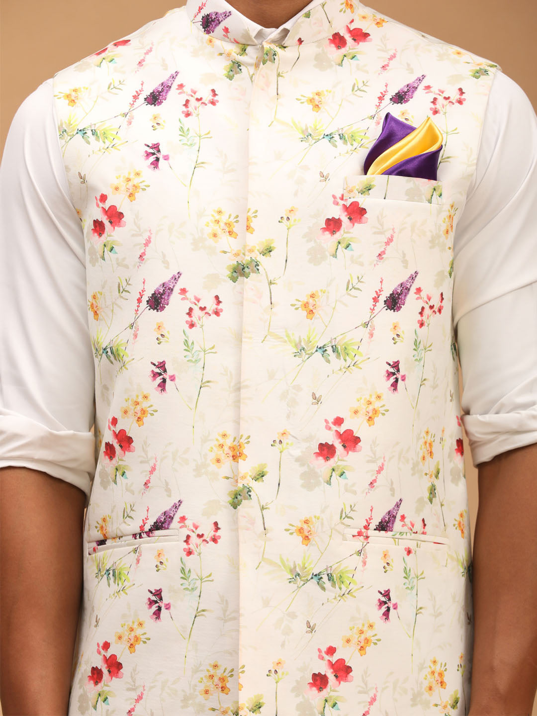 Men's Cream Cotton Blend Straight Nehru Jacket