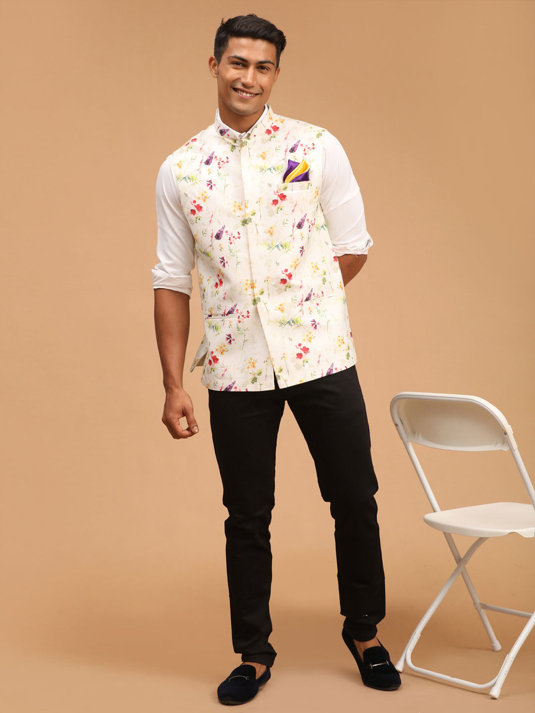 Men's Cream Cotton Blend Straight Nehru Jacket