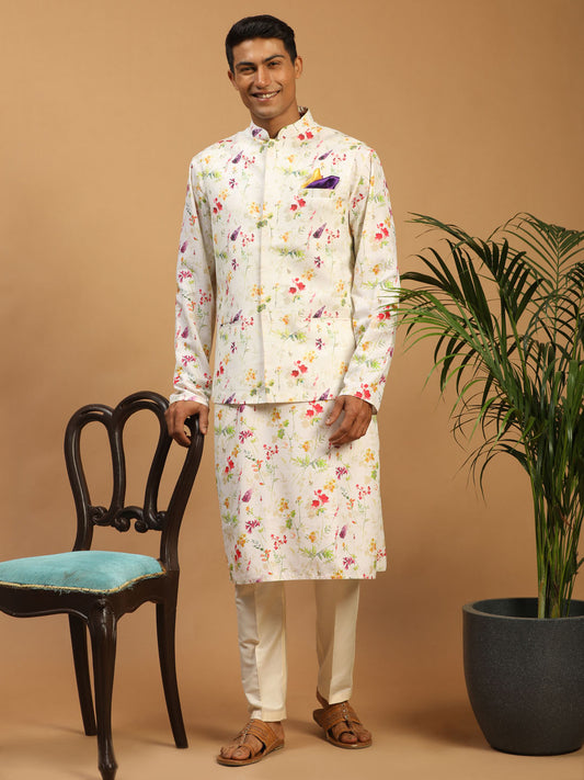 Men's Cream Cotton Blend Straight Jacket  Kurta and Pyjama Set