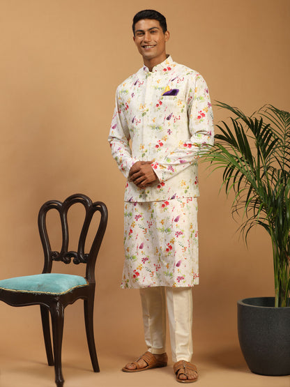 Men's Cream Cotton Blend Straight Jacket  Kurta and Pyjama Set