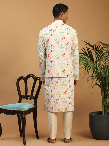 Men's Cream Cotton Blend Straight Jacket  Kurta and Pyjama Set