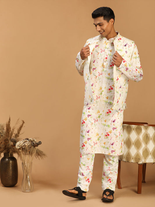 Men's Cream Cotton Blend Straight Jacket  Kurta and Pyjama Set