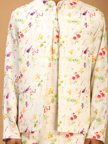 Men's Cream Cotton Blend Straight Jacket  Kurta and Pyjama Set