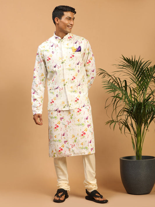 Men's Cream Cotton Blend Straight Jacket  Kurta and Pyjama Set