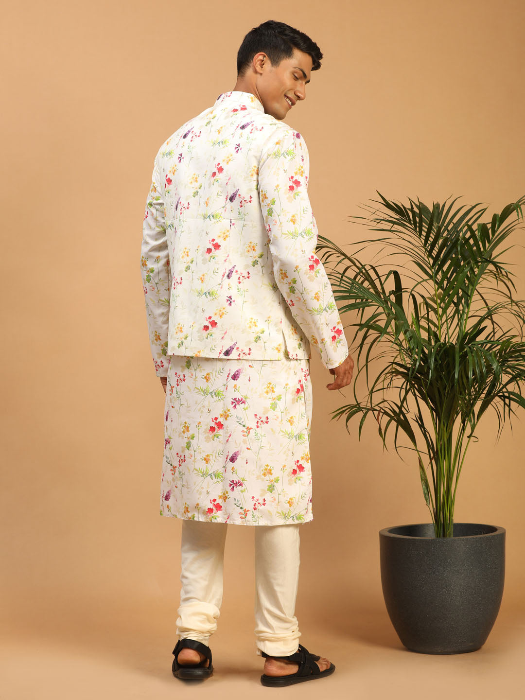 Men's Cream Cotton Blend Straight Jacket  Kurta and Pyjama Set