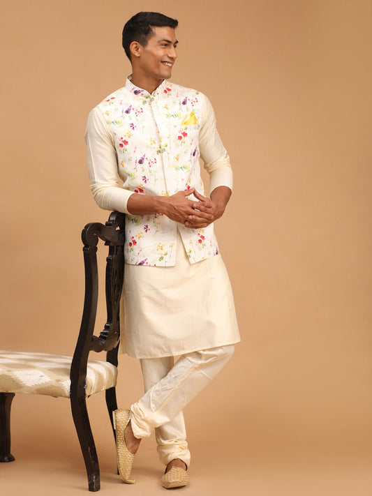 Men's Cream Viscose Straight Jacket  Kurta and Pyjama Set