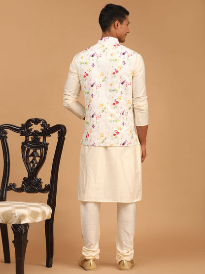 Men's Cream Viscose Straight Jacket  Kurta and Pyjama Set