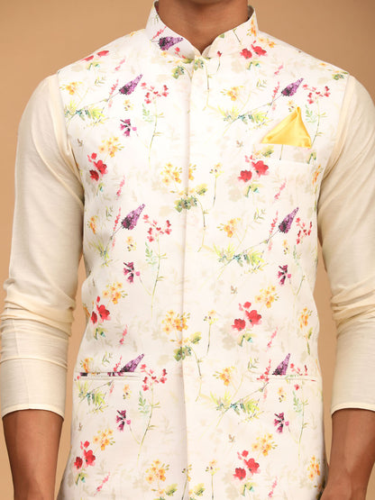 Men's Cream Viscose Straight Jacket  Kurta and Pyjama Set