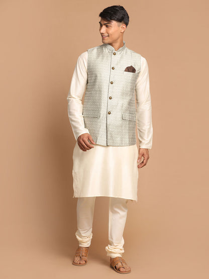 Men's Cream Viscose Straight Jacket  Kurta and Pyjama Set