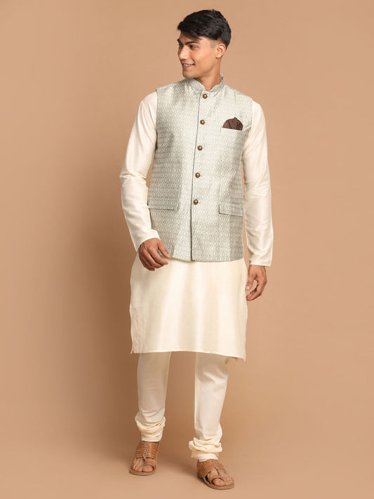 Men's Cream Viscose Straight Jacket  Kurta and Pyjama Set
