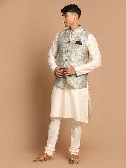 Men's Cream Viscose Straight Jacket  Kurta and Pyjama Set