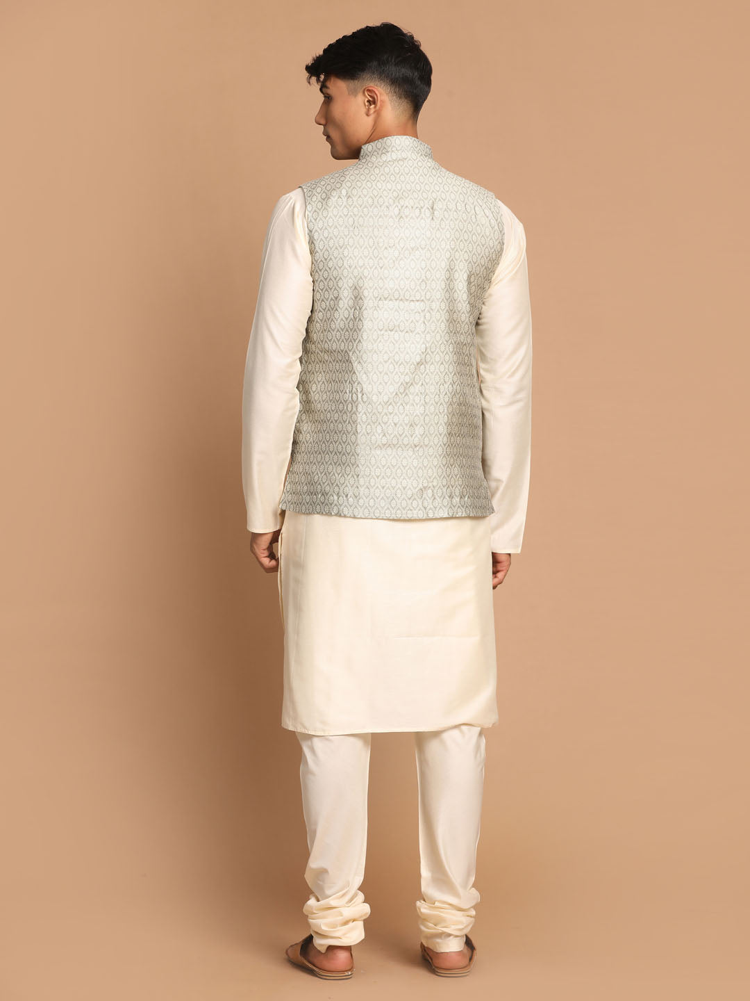 Men's Cream Viscose Straight Jacket  Kurta and Pyjama Set