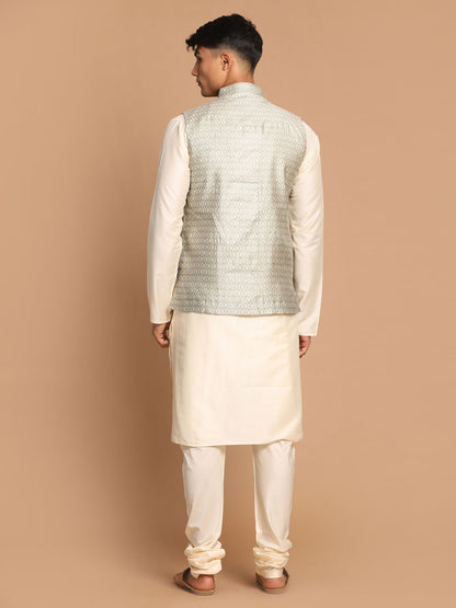 Men's Cream Viscose Straight Jacket  Kurta and Pyjama Set