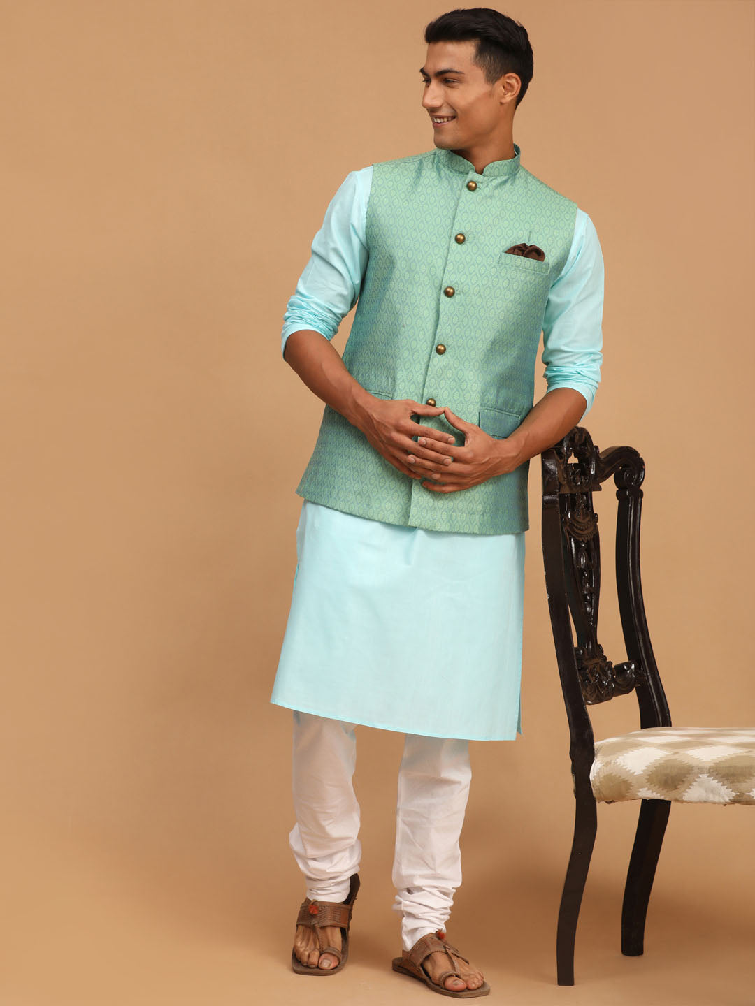 Men's Aqua Cotton Blend Straight Jacket  Kurta and Pyjama Set