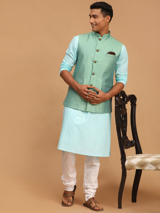 Men's Aqua Cotton Blend Straight Jacket  Kurta and Pyjama Set