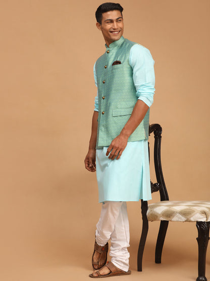 Men's Aqua Cotton Blend Straight Jacket  Kurta and Pyjama Set