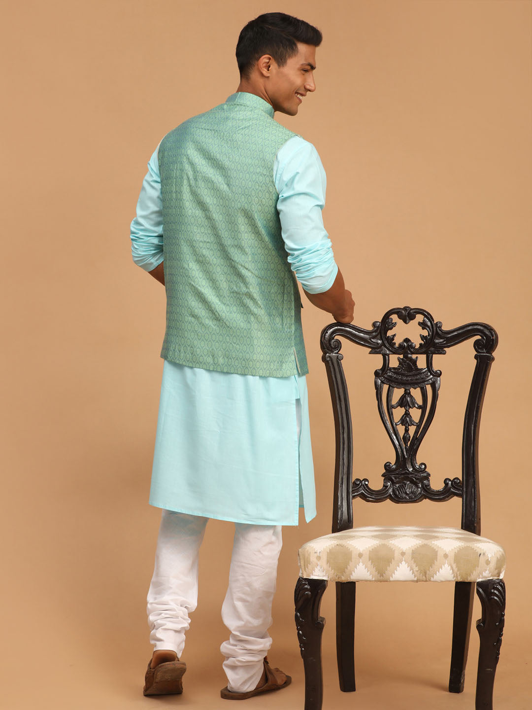 Men's Aqua Cotton Blend Straight Jacket  Kurta and Pyjama Set