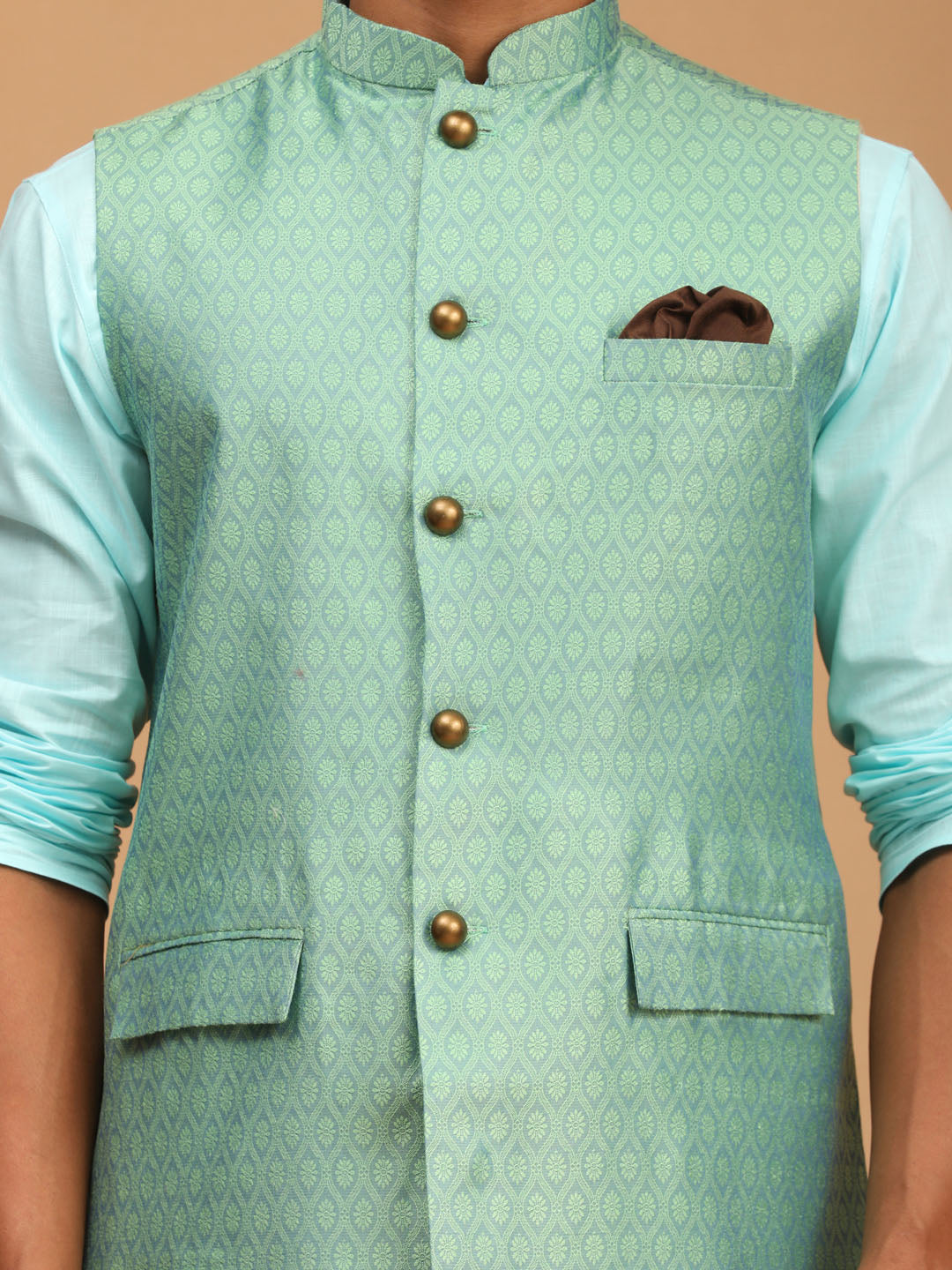 Men's Aqua Cotton Blend Straight Jacket  Kurta and Pyjama Set