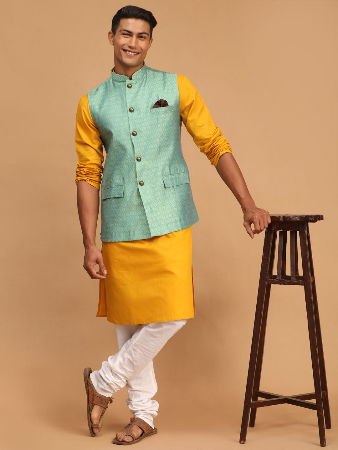 Men's Mustard Cotton Blend Straight Jacket  Kurta and Pyjama Set