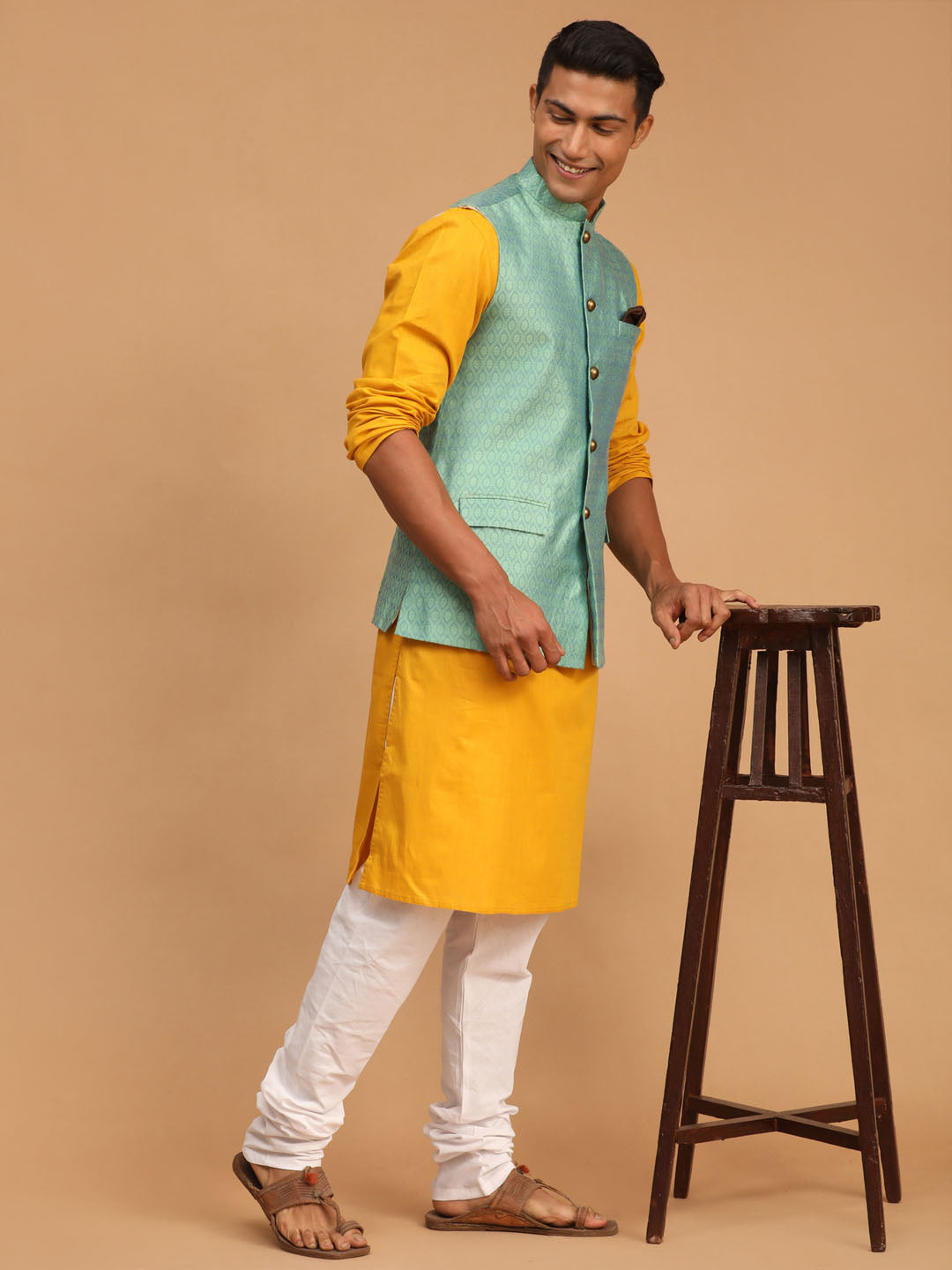 Men's Mustard Cotton Blend Straight Jacket  Kurta and Pyjama Set