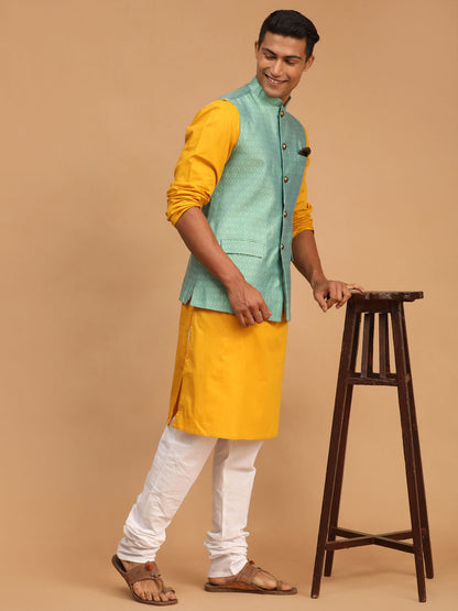 Men's Mustard Cotton Blend Straight Jacket  Kurta and Pyjama Set