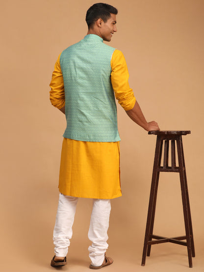 Men's Mustard Cotton Blend Straight Jacket  Kurta and Pyjama Set