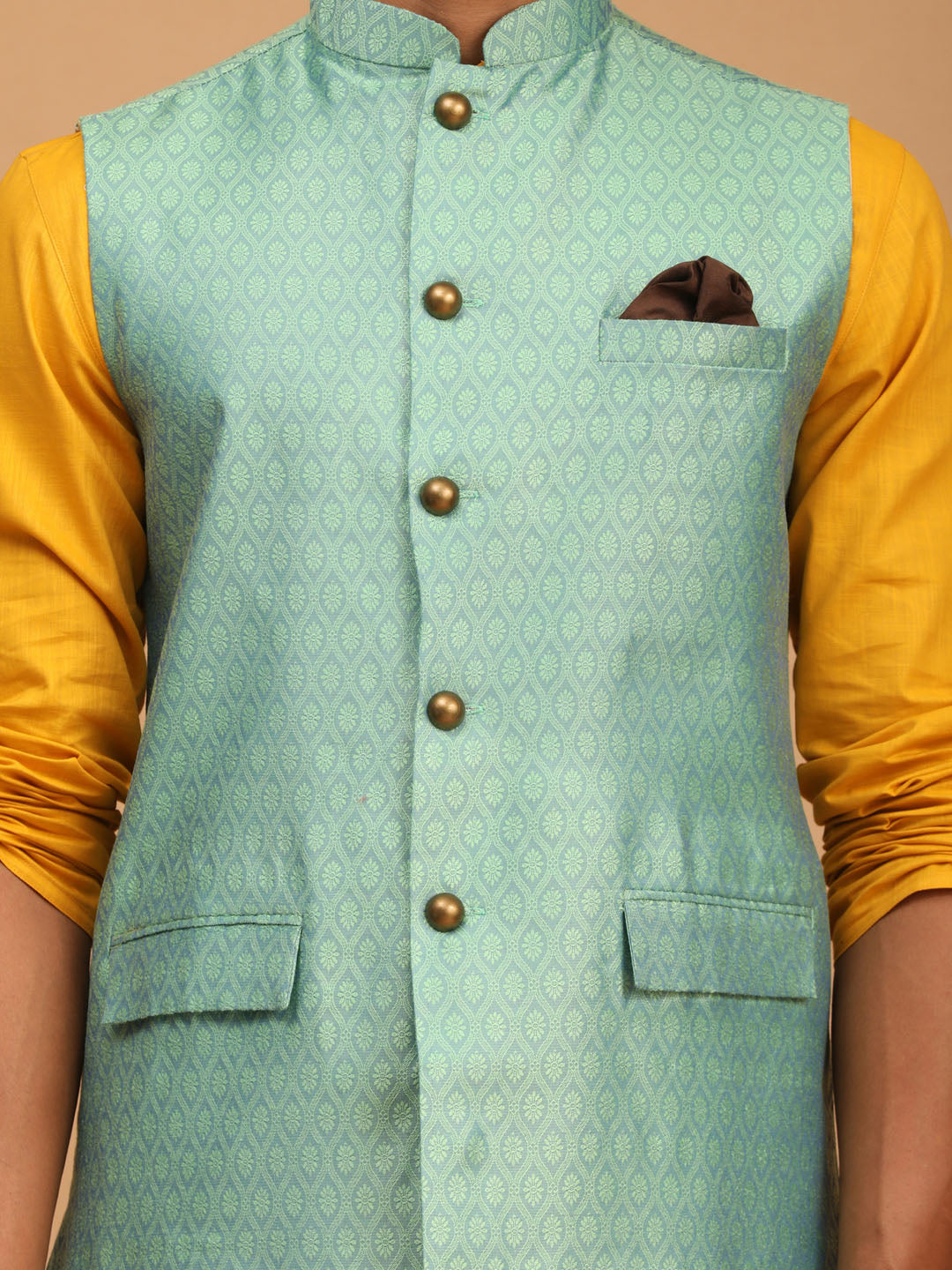 Men's Mustard Cotton Blend Straight Jacket  Kurta and Pyjama Set