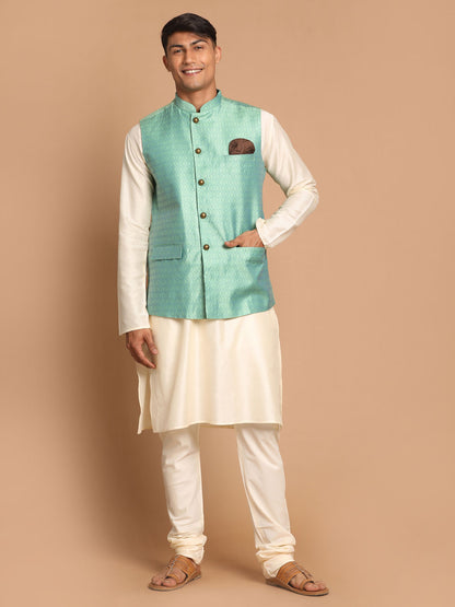 Men's Cream Viscose Straight Jacket  Kurta and Pyjama Set