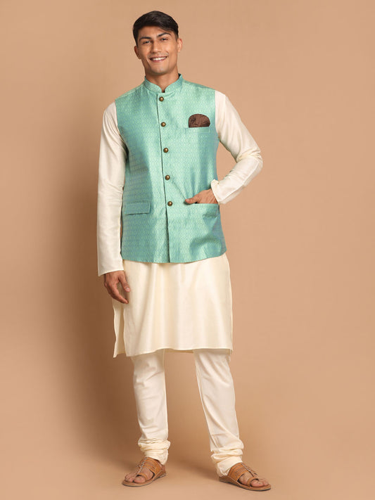 Men's Cream Viscose Straight Jacket  Kurta and Pyjama Set