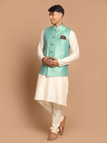 Men's Cream Viscose Straight Jacket  Kurta and Pyjama Set