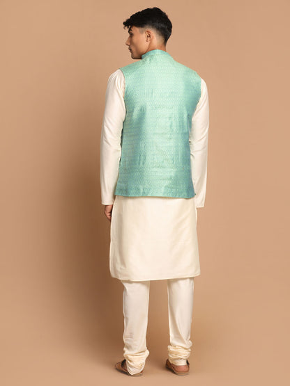 Men's Cream Viscose Straight Jacket  Kurta and Pyjama Set