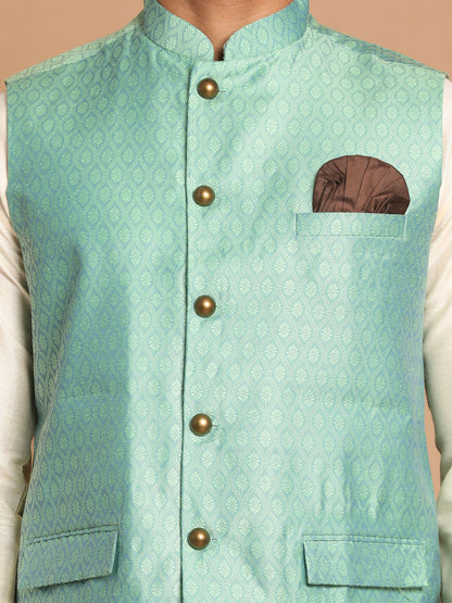 Men's Cream Viscose Straight Jacket  Kurta and Pyjama Set