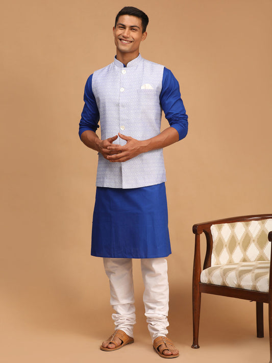 Men's Blue Cotton Blend Straight Jacket  Kurta and Pyjama Set
