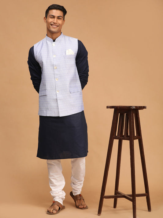 Men's Navy Blue Cotton Blend Straight Jacket  Kurta and Pyjama Set