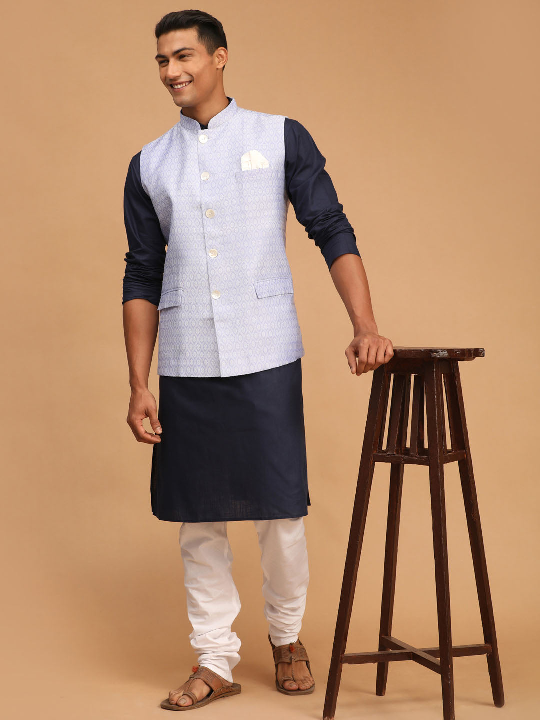 Men's Navy Blue Cotton Blend Straight Jacket  Kurta and Pyjama Set
