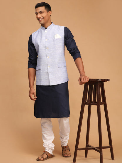 Men's Navy Blue Cotton Blend Straight Jacket  Kurta and Pyjama Set