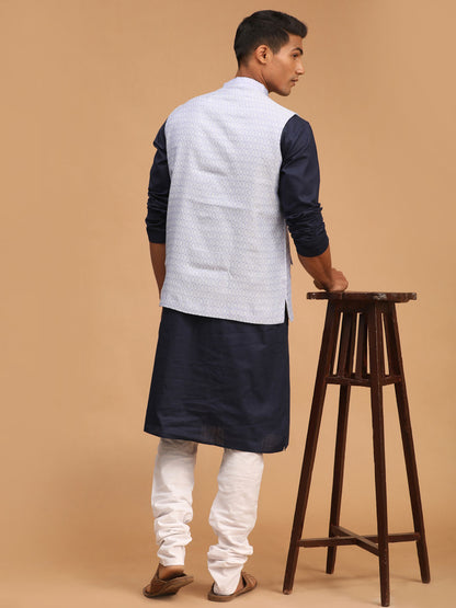 Men's Navy Blue Cotton Blend Straight Jacket  Kurta and Pyjama Set