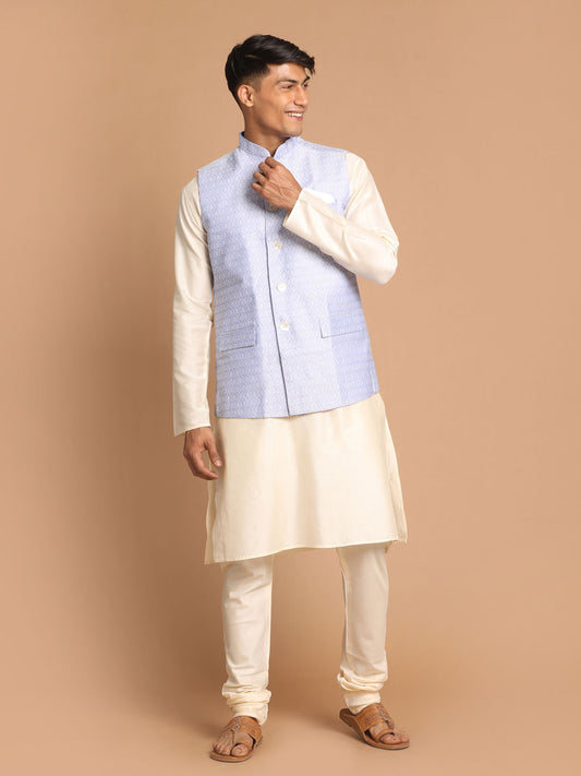 Men's Cream Viscose Straight Jacket  Kurta and Pyjama Set