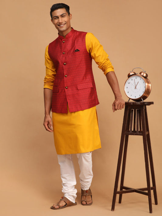 Men's Mustard Cotton Blend Straight Jacket  Kurta and Pyjama Set