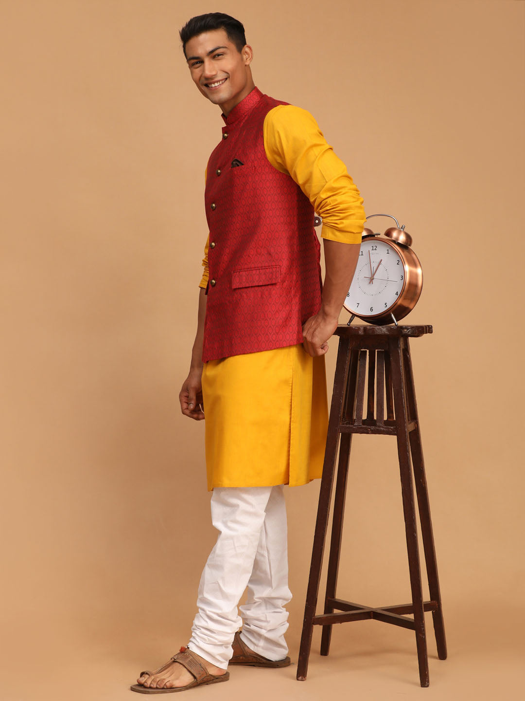 Men's Mustard Cotton Blend Straight Jacket  Kurta and Pyjama Set