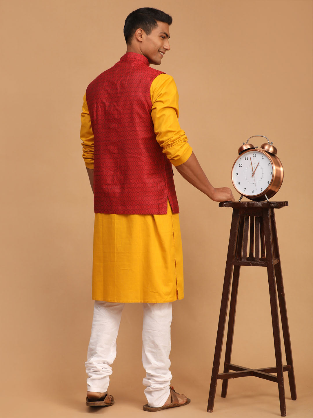 Men's Mustard Cotton Blend Straight Jacket  Kurta and Pyjama Set