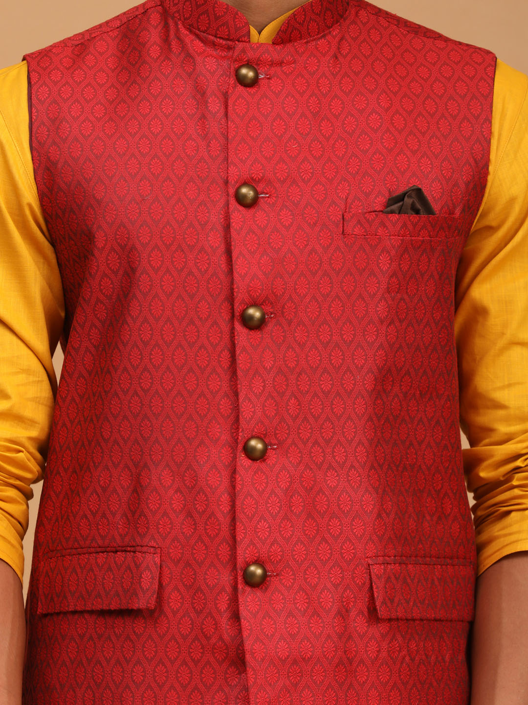 Men's Mustard Cotton Blend Straight Jacket  Kurta and Pyjama Set