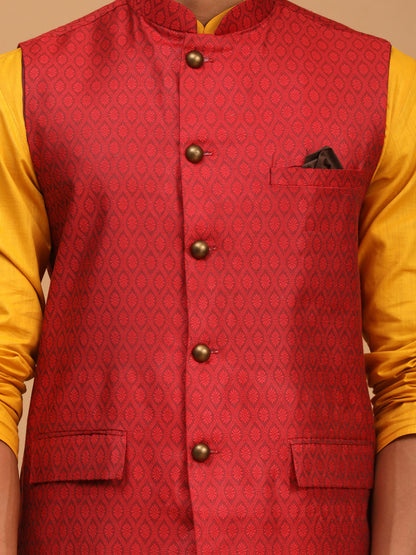 Men's Mustard Cotton Blend Straight Jacket  Kurta and Pyjama Set