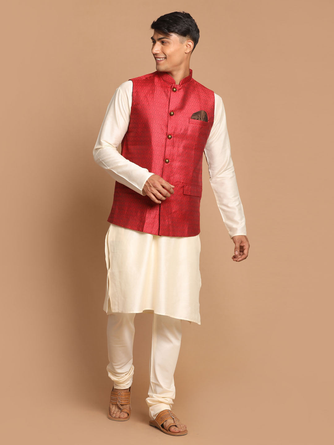 Men's Cream Viscose Straight Jacket  Kurta and Pyjama Set