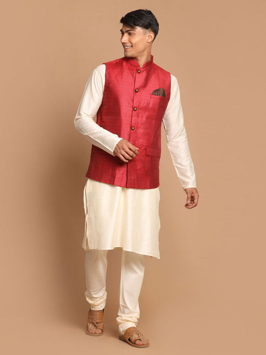 Men's Cream Viscose Straight Jacket  Kurta and Pyjama Set