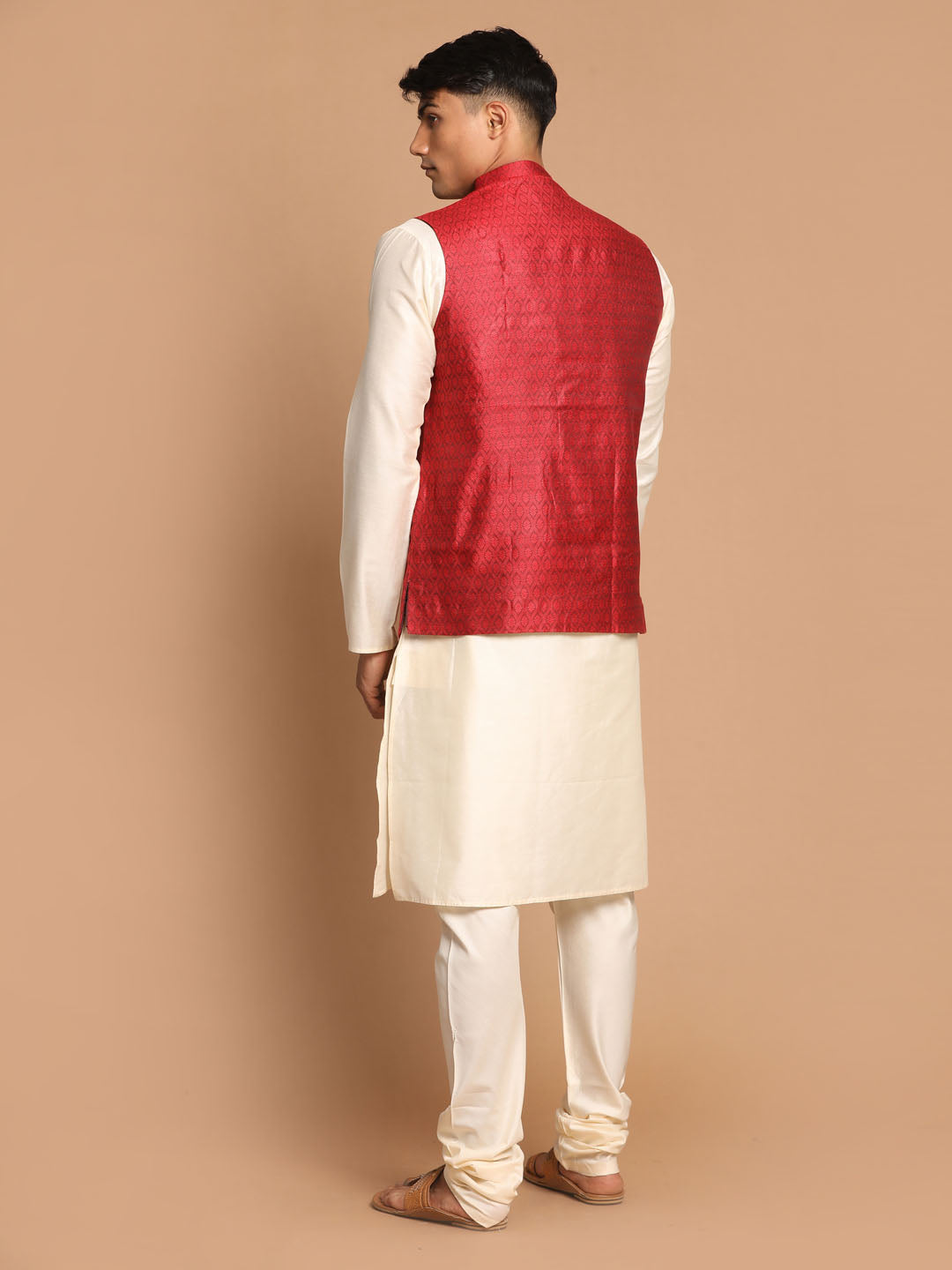 Men's Cream Viscose Straight Jacket  Kurta and Pyjama Set