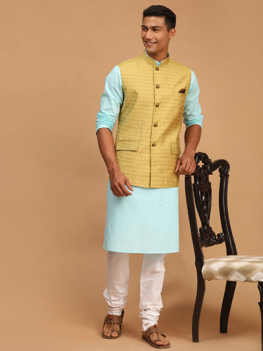 Men's Aqua Cotton Blend Straight Jacket  Kurta and Pyjama Set