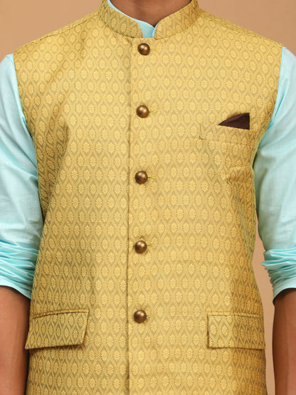Men's Aqua Cotton Blend Straight Jacket  Kurta and Pyjama Set